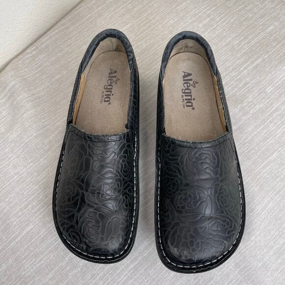Alegria Debra Slip On Shoes Women 41 Black Floral Embossed Leather Comfort Work - Picture 4 of 9